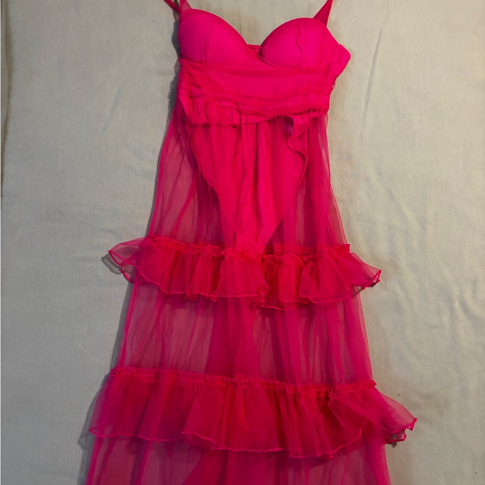 Vibrant Pink Sheer Dress - Picture 4 of 4
